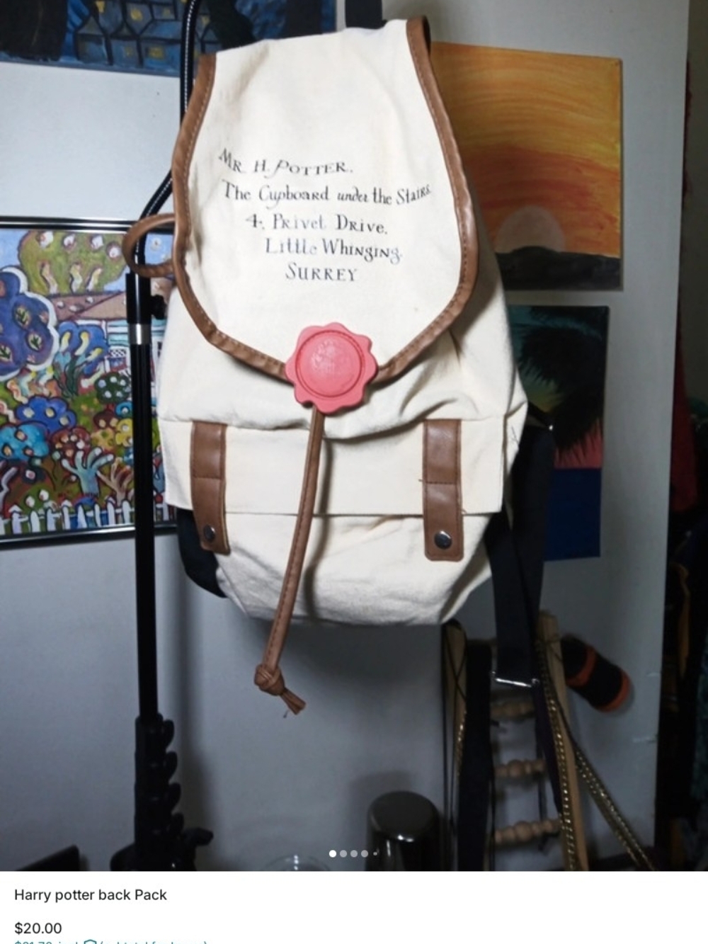 Cream Canvas Backpack with Brown Trim and Red Wax Seal Accent Harry Potter